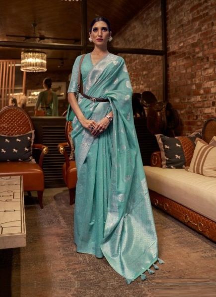 Light Blue Linen Weaving Festive-Wear Soft Silk Saree