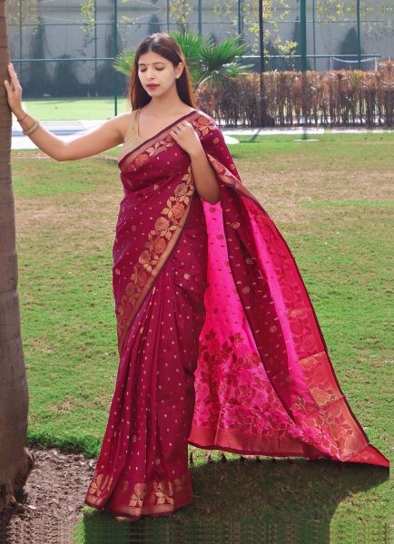 Dark Pink Silk Weaving Festive-Wear Fashionable Saree