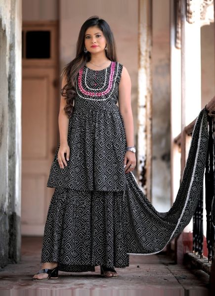 Black Cotton, Embroidery, Mirror & Bandhani Print Party-Wear Sharara-Bottom Readymade Salwar Kameez