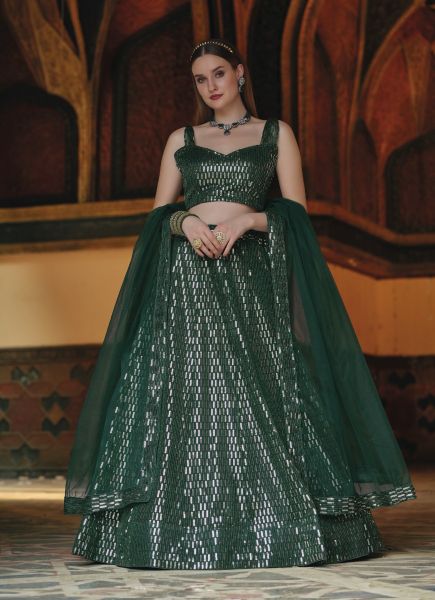 Teal Green Net With Sequins & Embroidery Work Party-Wear Stylish Lehenga Choli (With Can-Can) 