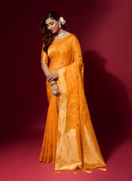 Orange Organza Silk Weaving Festive-Wear Pattu Saree (Temple-Border)