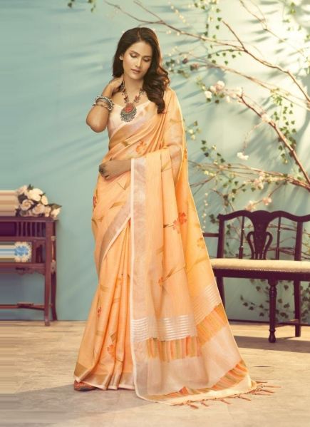 Light Orange Soft Linen Silk Printed Festive-Wear Fashionable Saree