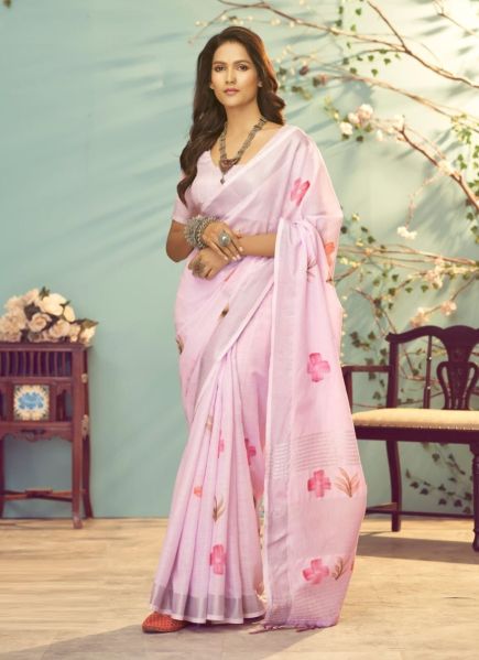 Light Pink Soft Linen Silk Printed Festive-Wear Fashionable Saree