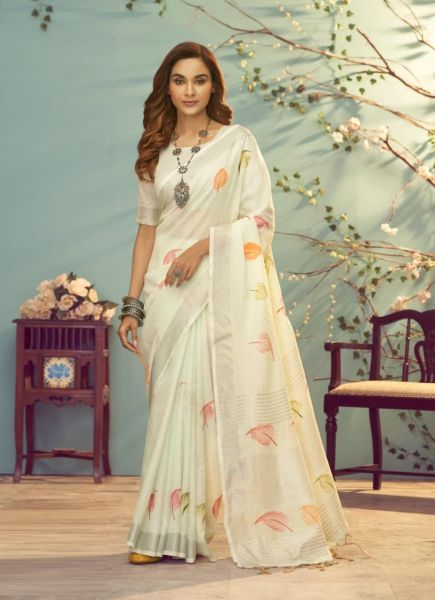 White Soft Linen Silk Printed Festive-Wear Fashionable Saree