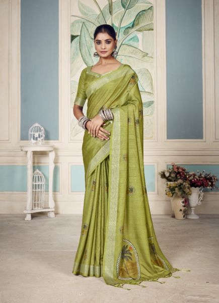 Light Olive Green Soft Cotton Embroidered Party-Wear Handloom Saree With Tassels