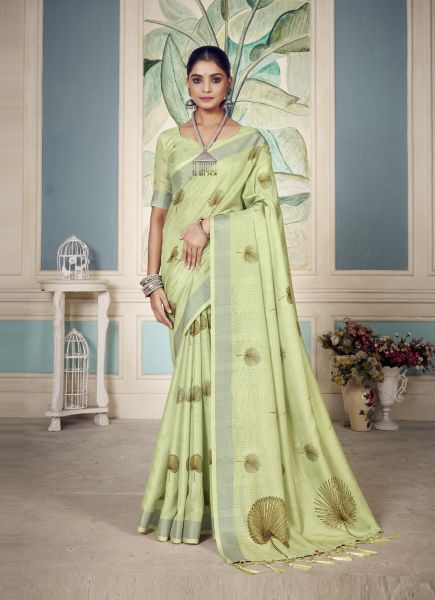 Light Mint Green Soft Cotton Embroidered Party-Wear Handloom Saree With Tassels