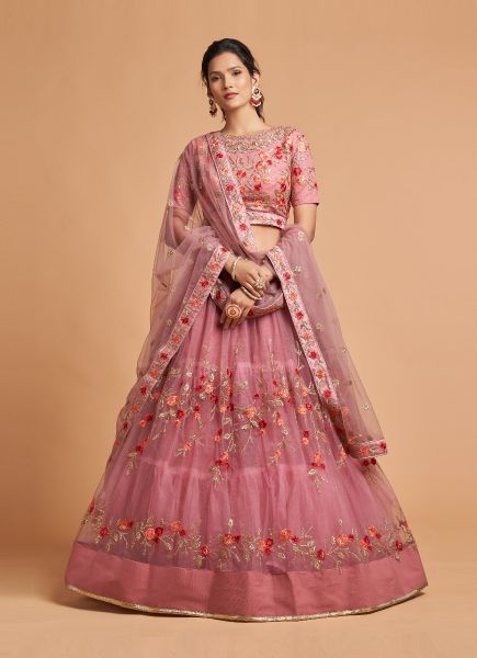Pink Net With Zari, Dori, Sequins & Embroidery Work Party-Wear Stylish Lehenga Choli