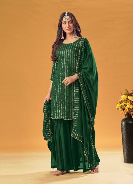 Green Georgette Sequins-Embroidered Party-Wear Palazzo-Bottom Salwar Kameez