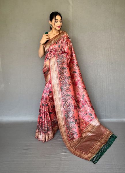 Light Coral Kalamkari Printed Festive-Wear Soft Silk Saree