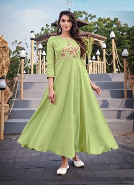 Light Green Rayon Embroidered Festive-Wear Readymade Floor-Length Anarkali Kurti