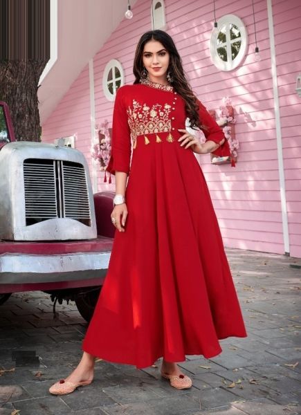 Red Heavy Rayon Embroidered Festive-Wear Readymade Floor-Length Anarkali Kurtii