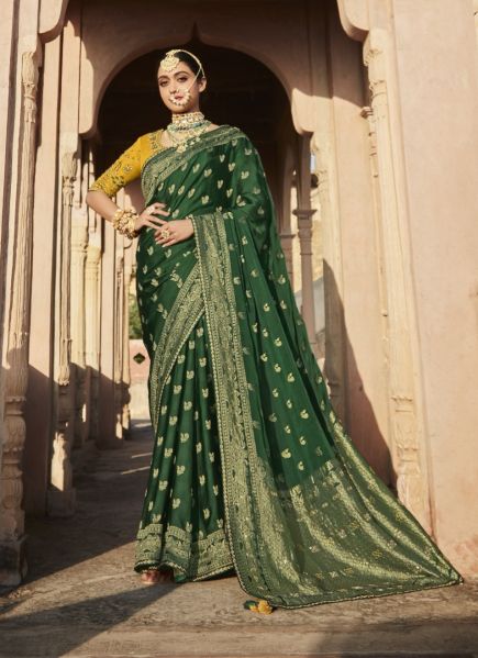 Dark Green Dola Silk Embroidered Party-Wear Saree