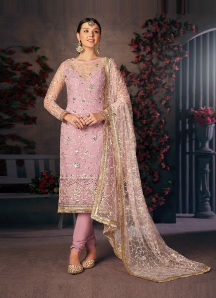 Pink Mono Net Embroidered Festive-Wear Chudidar Salwar Kameez