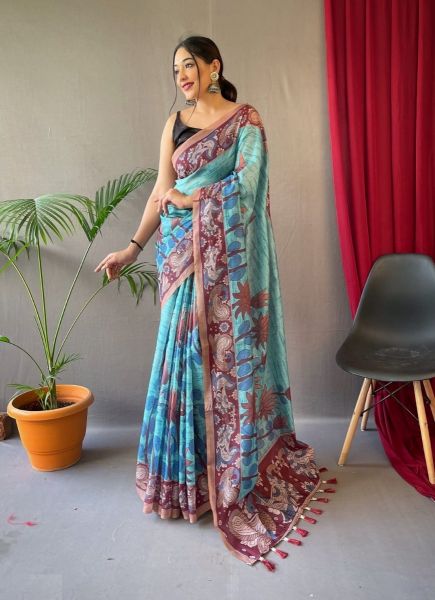 Light Teal Blue Cotton Kalamkari Digital Printed Festive-Wear Saree
