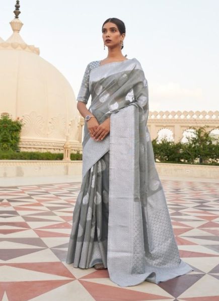 Gray Linen Weaving Festive-Wear Soft Silk Saree