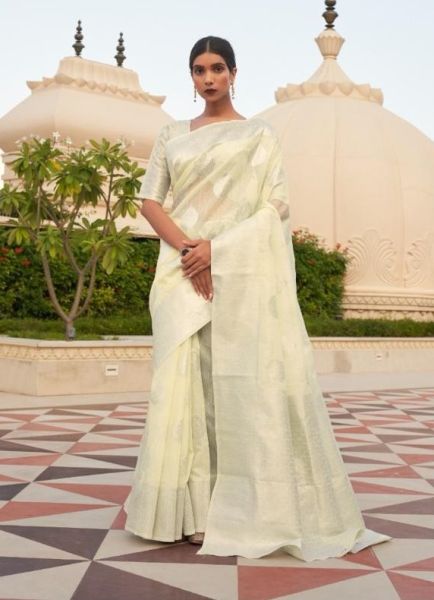 Cream Linen Weaving Festive-Wear Soft Silk Saree