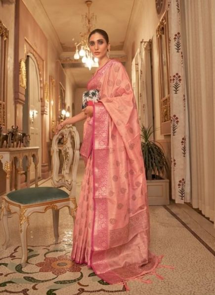 Peach Handloom Weaving Silk Festive-Wear Saree