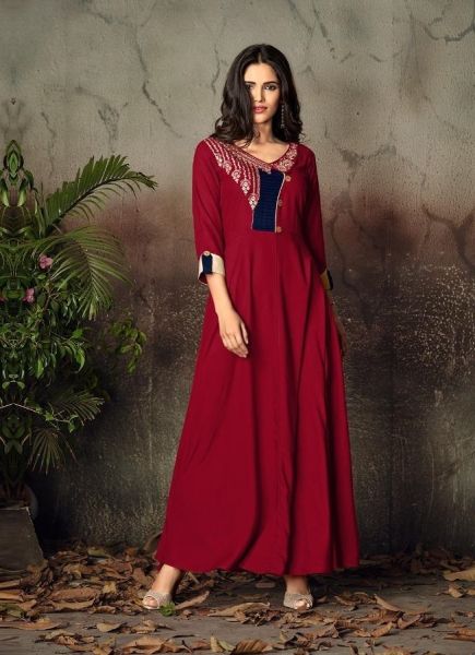 Crimson Red Rayon Embroidered Festive-Wear Long Floor-Length Readymade Kurti
