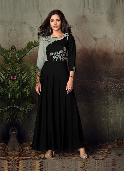 Black Rayon Embroidered Festive-Wear Long Floor-Length Readymade Kurti