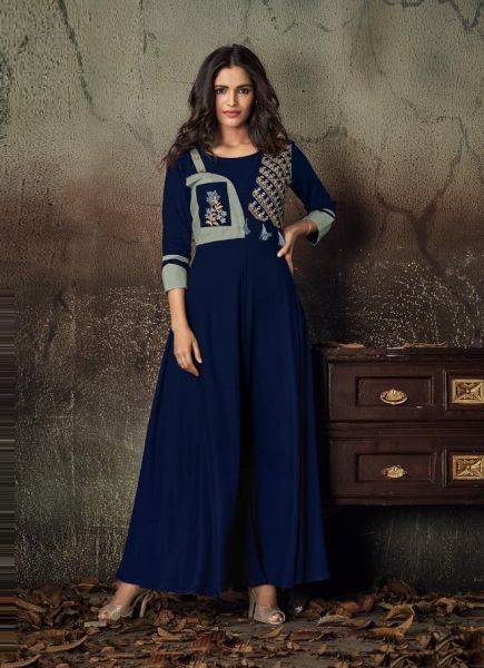 Dark Blue Rayon Embroidered Festive-Wear Long Floor-Length Readymade Kurti