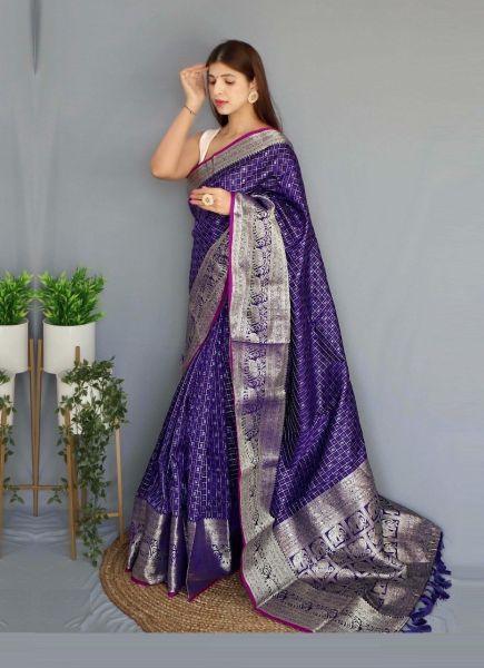 Blue Silk Weaving Festive-Wear Checks Saree