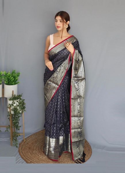 Dark Blue Silk Weaving Festive-Wear Checks Saree