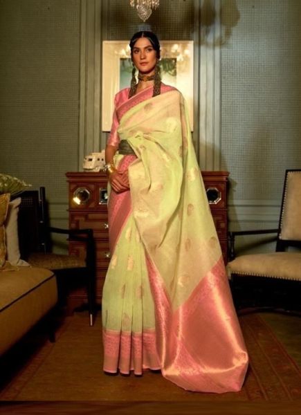 Light Yellow Linen Copper Zari Weaving Festive-Wear Silk Saree