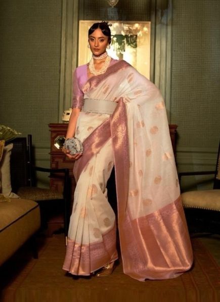 Antique White Linen Copper Zari Weaving Festive-Wear Silk Saree