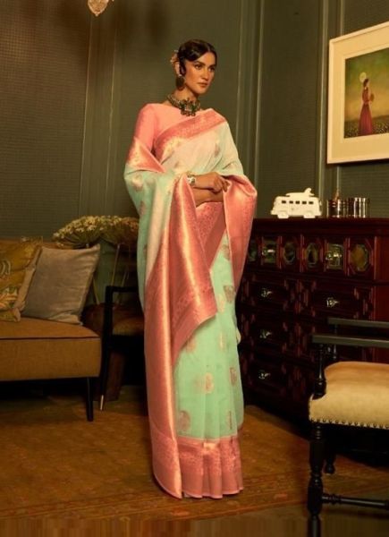 Light Pista Green Linen Copper Zari Weaving Festive-Wear Silk Saree