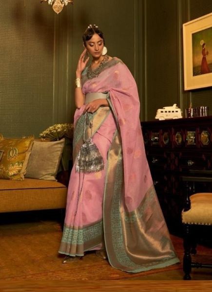 Pink Linen Copper Zari Weaving Festive-Wear Silk Saree