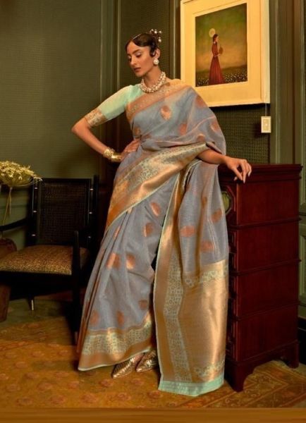 Gray Linen Copper Zari Weaving Festive-Wear Silk Saree
