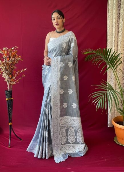Gray Weaving Festive-Wear Linen-Cotton Saree