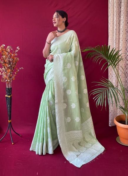 Light Mint Green Weaving Festive-Wear Linen-Cotton Saree