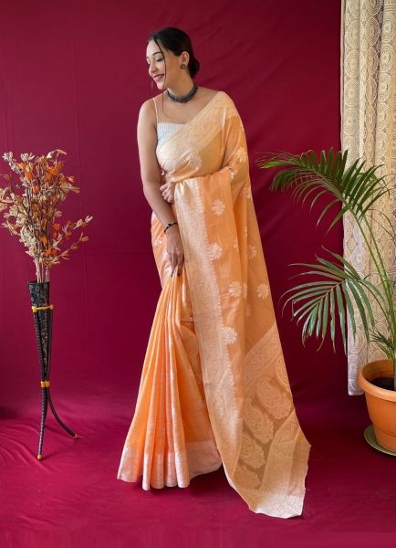 Cantaloupe Orange Weaving Festive-Wear Linen-Cotton Saree