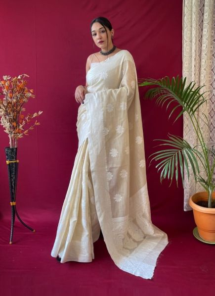 Beige Weaving Festive-Wear Linen-Cotton Saree