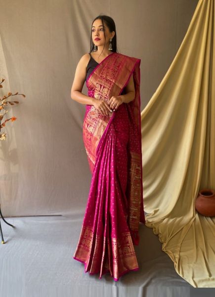 Deep Pink Jacquard Weaving Festive-Wear Saree