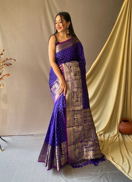 Blue Jacquard Weaving Festive-Wear Saree