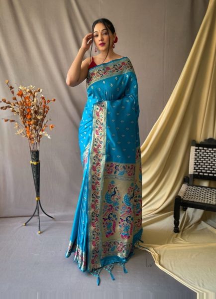 Dark Sky Blue Paithani Silk Weaving Festive-Wear Saree