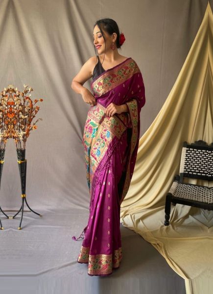 Purple Paithani Silk Weaving Festive-Wear Saree