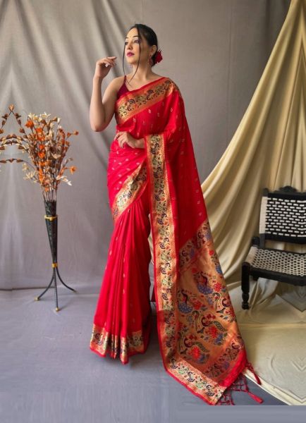 Red Paithani Silk Weaving Festive-Wear Saree