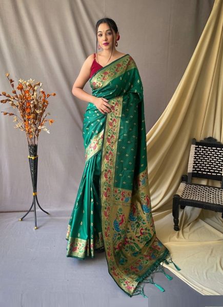 Sea Green Paithani Silk Weaving Festive-Wear Saree