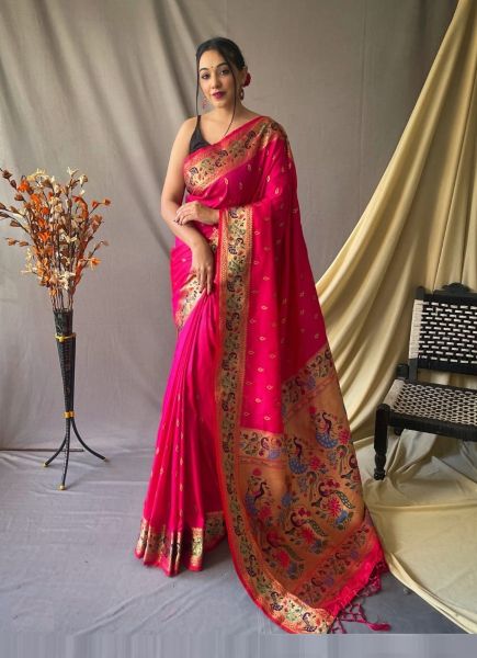 Deep Pink Paithani Silk Weaving Festive-Wear Saree