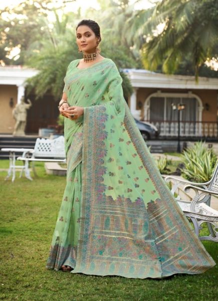 Light Green Modal Weaving Festive-Wear Kashmiri Saree