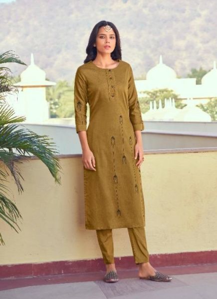 Golden Brown Silk Embroidered Festive-Wear Readymade Kurti With Pant