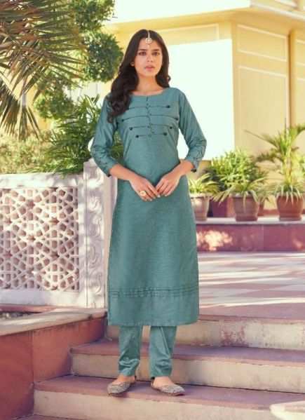 Steel Blue Silk Embroidered Festive-Wear Readymade Kurti With Pant
