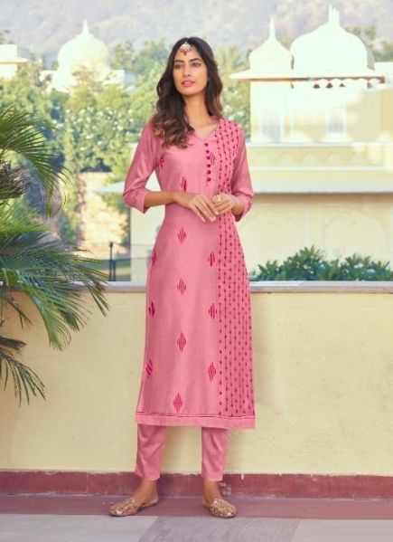 Pink Silk Embroidered Festive-Wear Readymade Kurti With Pant
