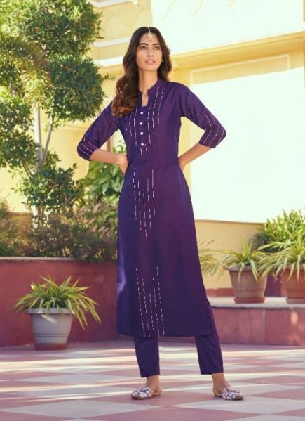Violet Silk Embroidered Party-Wear Readymade Kurti With Pant