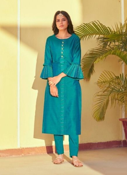 Teal Blue Silk Embroidered Party-Wear Readymade Kurti With Pant