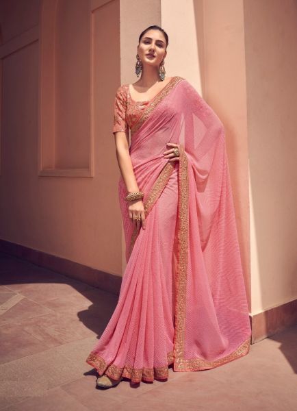Pink Georgette Lehariya Printed Festive-Wear Saree