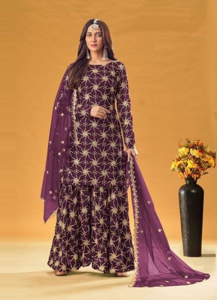 Purple Georgette Embroidered Party-Wear Sharara-Bottom Salwar Kameez